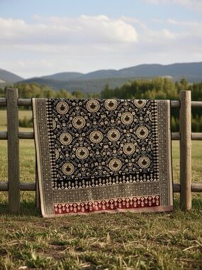 Beautiful Vintage Cotton Bed Cover in Navy, Cream and Red